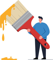 Obraz premium Man holding large paintbrush dripping orange paint in minimalistic style digital illustration