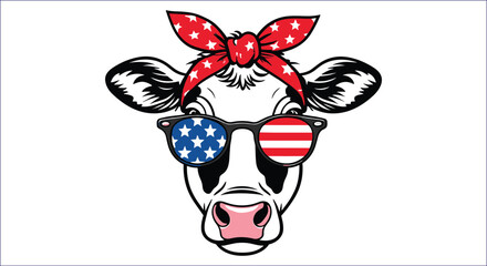 Patriotic Cow Wearing American Flag Sunglasses And Bandana Vector Illustration