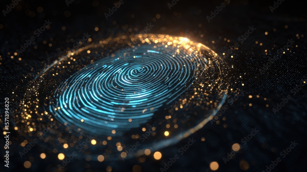 Poster a glowing digital fingerprint illuminated by blue and gold lights, symbolizing biometric security an