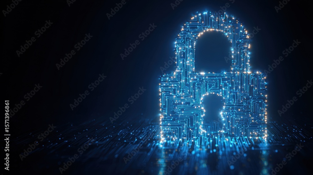 Poster a glowing digital padlock made of circuit lines symbolizes cybersecurity and data protection in a fu