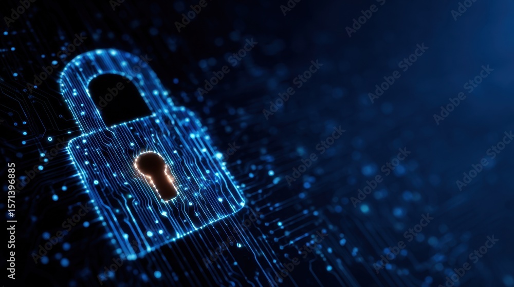 Poster digital padlock symbolizing cybersecurity and data protection on a blue circuit board background.