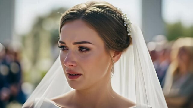 A beautiful bride with tears in her eyes during a wedding ceremony. Sincere emotions and a touching moment. Footage for wedding videography, emotional storytelling, and family event chronicles