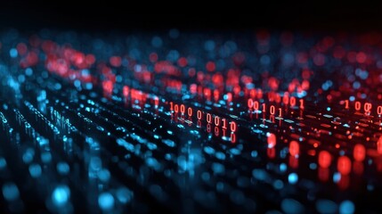 A close-up digital visualization of binary code illuminated with blue and red glowing lights on a dark background, symbolizing data and technology.