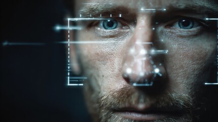 Close-up of a man"s face with digital facial recognition graphics overlay, highlighting biometric technology and security features.