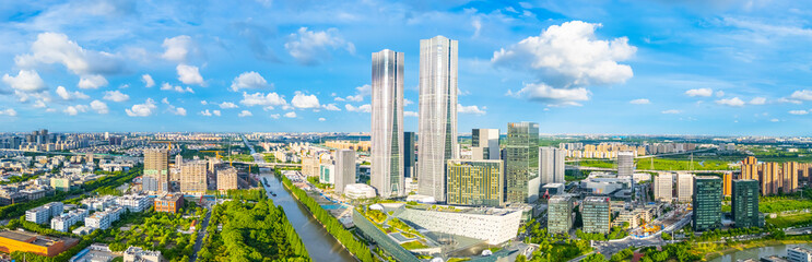 Panoramic aerial view of Shanghai Zhangjiang Hi Tech Development Zone on sunny day.