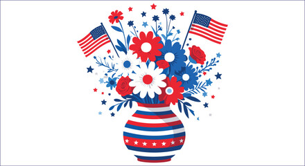 Patriotic Floral Arrangement With American Flags For Independence Day Celebration Vector