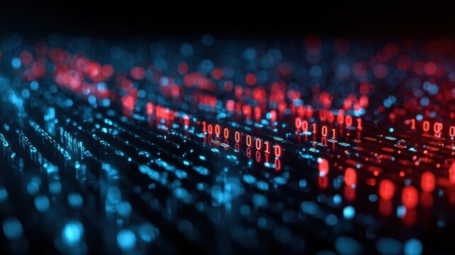 A close-up digital visualization of binary code illuminated with blue and red glowing lights on a dark background, symbolizing data and technology.