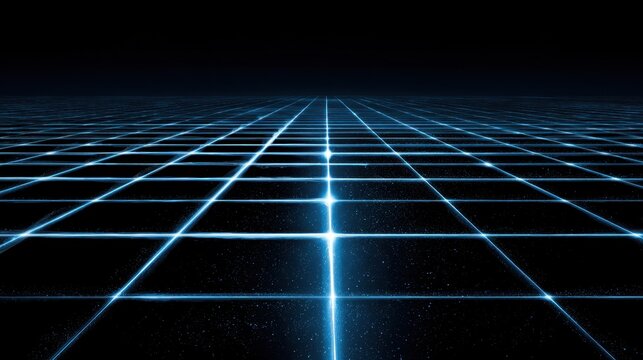 A glowing blue grid on a dark background, creating a futuristic, digital landscape extending into the horizon.