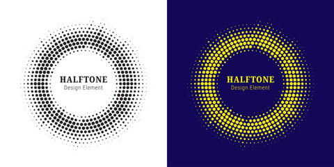 Set of black halftone grunge circle. Vector modern dots halftone arts. Halftone circle frame background set. Round border Icon using halftone random circle. Grunge circular stain. Vector illustration.