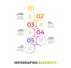 Vector infographic flat template circles for five paper label, diagram, graph, presentation. Line business concept with 5 options. Blank space for content, step for step, timeline, workflow, marketing