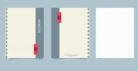The cover is beige with a gray stripe in the center and red elements. The cover says NOTEBOOK. Suitable for notes, writing, studying or working.