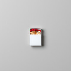 Minimalist image of an open white matchbox with red matchsticks on a clean grey background, viewed from above

