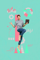 Vertical pop poster banner collage of happy businessman businesswoman stand megaphone graph diagram progress economy concept