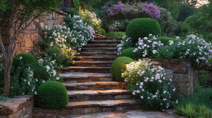 Country cottage garden featuring pathway, seasonal flowers, manicured lawn, stone edging, and formal planting arrangements