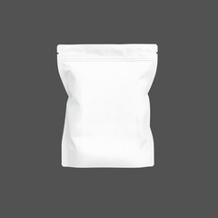 Blank white stand-up pouch packaging on dark background, isolated zip lock bag mockup for product branding or food packaging design

