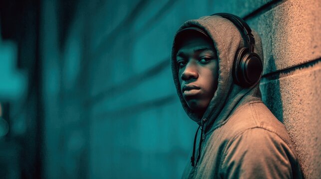 A young man wearing a hoodie and headphones leans against a brick wall, looking contemplative in a moody, urban night setting.