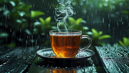 Hot Cup of Tea in Rainy Weather – Cozy Relaxing Moment with Steam, Rain, and Green Nature Background


