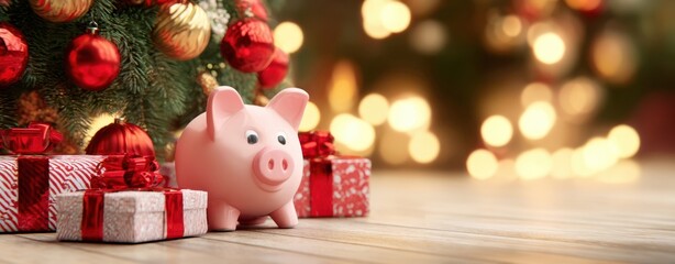 The charming piggy bank surrounded by gifts beneath a Christmas tree.