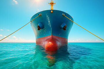 Blue and red cargo ship anchored in clear turquoise ocean waters image