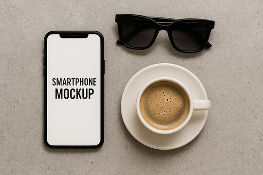 Black sunglasses and coffee cup beside smartphone mockup saucer