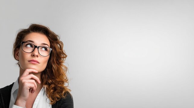 A thoughtful young woman with curly hair and glasses looks upward, resting her chin on her hand against a plain light grey background. - Powered by Adobe
