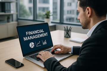 Businessman analyzing financial data on laptop screen financial management charts