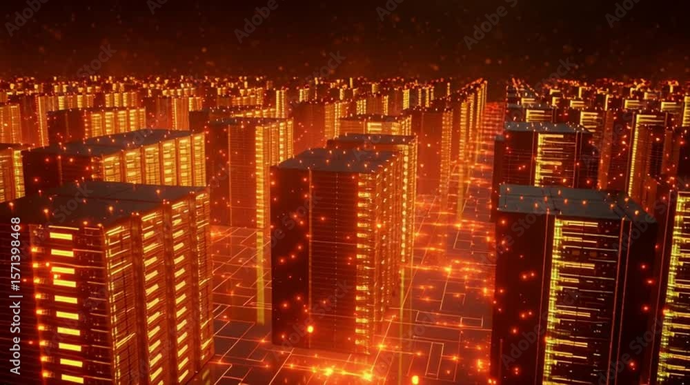 Poster data center power scalability. data center power supply infrastructure with glowing elements.