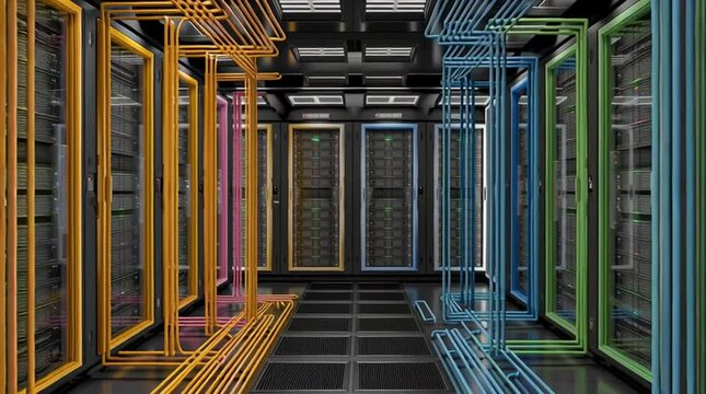 Data center power scalability. High-tech data center electric power flow visualization image.
