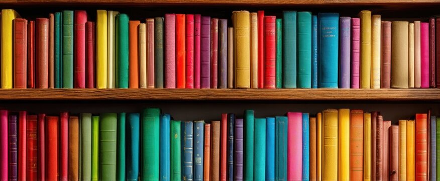 The colorful arrangement of books on a wooden shelf creating a vibrant display.