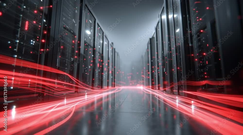 Poster data center power scalability. massive data center with glowing cables and high-tech ambiance.