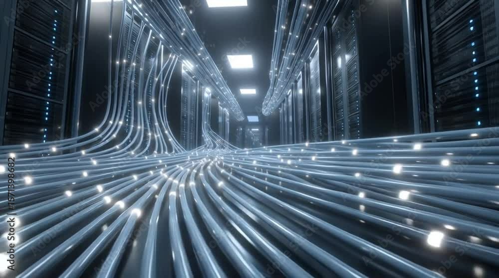 Poster data center power scalability. massive data center with glowing cables and modern technology theme