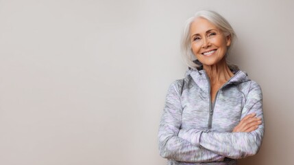 A smiling senior woman with gray hair wearing a light athletic jacket stands confidently with arms crossed against a plain background.
