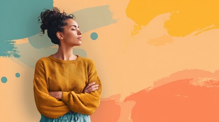 A confident woman with curly hair, eyes closed, stands with crossed arms against a colorful abstract painted wall.