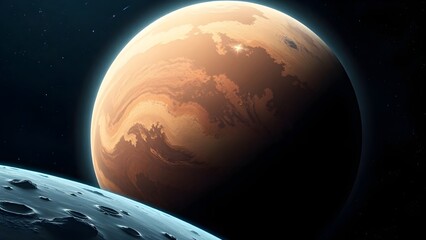Space background with place for text. Surface of the planet with craters. Space decoration for your design. Stars and comets on dark background.