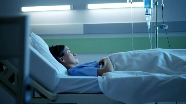 Young woman resting in hospital bed under medical care at night  