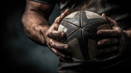 A close-up of a muscular, muddy athlete gripping a rugby ball, emphasizing strength and determination in a gritty, intense sports moment.