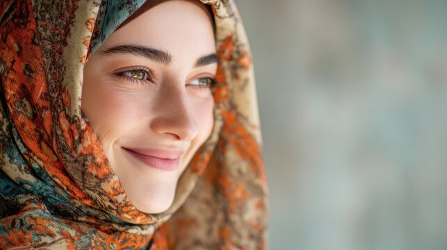 A close-up of a smiling woman wearing a patterned headscarf, looking thoughtfully into the distance with soft natural lighting. - Powered by Adobe