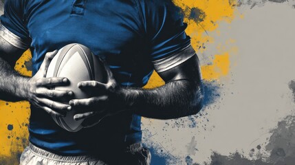 A rugby player in a blue jersey holds a ball, set against a dynamic abstract yellow and gray background.