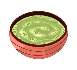 Hand drawn red cup with whipped matcha tea isolated on white background