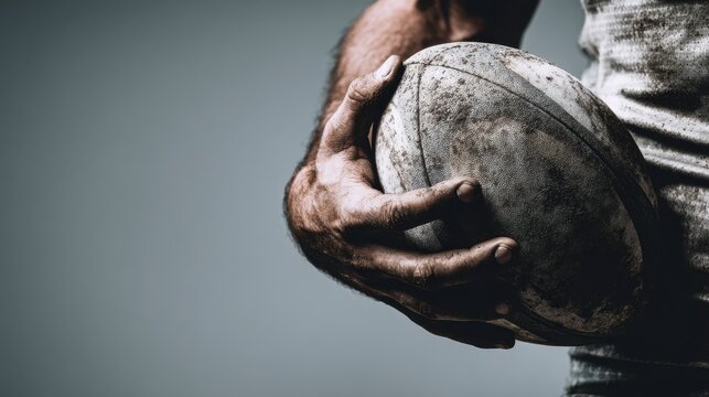 A close-up of a muscular hand gripping a worn rugby ball against a plain background.