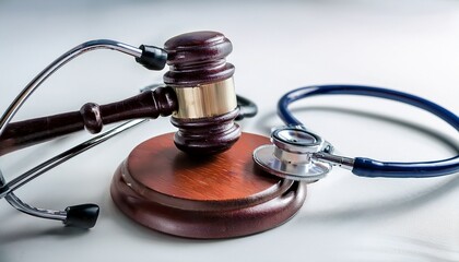 close up of a wooden gavel and stethoscope on a white surface symbolizing medical law ethics and healthcare regulations in legal practice
