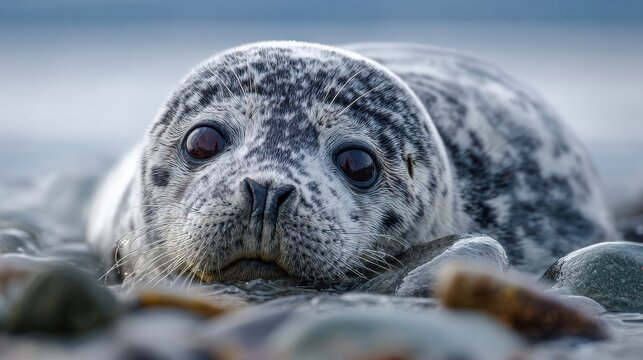Close-up of a playful seal lying on a smooth rocky beach with gentle waves - Powered by Adobe