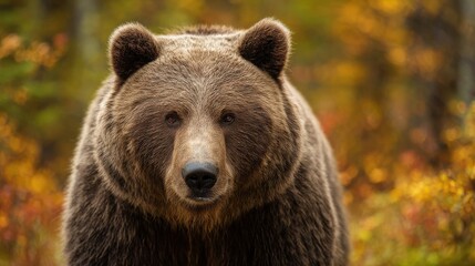 Fototapeta premium Close-up of a powerful brown bear standing in a lush forest clearing with autumn leaves