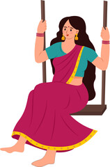beautiful indian woman enjoy on swing hariyali teej indian festival vector illustration