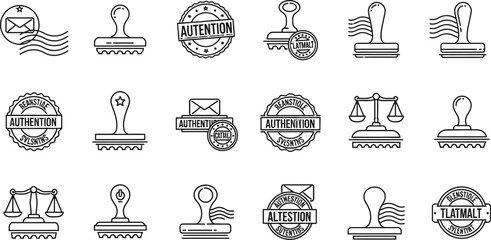 Collection of various stamp designs including mail and balance scales