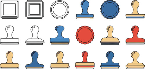 Illustration of various rubber stamps in different shapes and colors