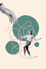 Collage of funny person navigating tangled lines symbolizing confusion challenge complexity...
