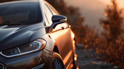 Fototapeta premium Close-up of sleek car parked on scenic mountain road at golden hour with glossy paint and chrome accents, warm sunlight, and soft bokeh in the background