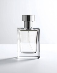 Perfume advertisement, bottle and minimalism: A minimalistic perfume advertisement showcasing a sleek, transparent glass bottle with a metallic cap, placed on a clean white background.