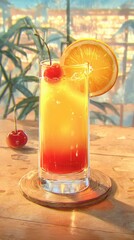 Colorful tropical cocktail with orange slice and cherries on wooden table, outdoors in sunlight